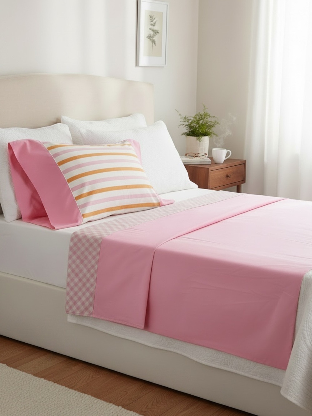 Vintage 70's Lattice Trim Double Flat Sheet & Striped Pillowcase